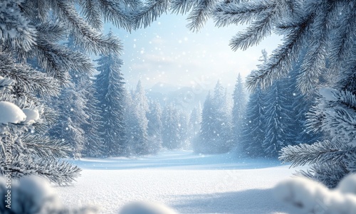 Winter Landscape With Frosted Trees and Serene Snow-Covered Ground in a Tranq...