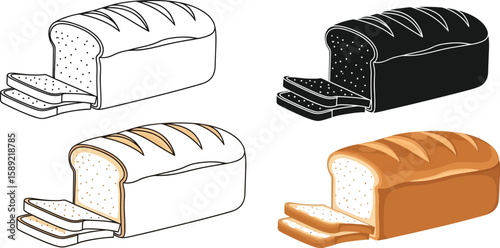 Loaf of bread variations showcases a bakery staple in different styles, including line art, silhouette, and full color, perfect for illustrating food concepts and culinary themes.