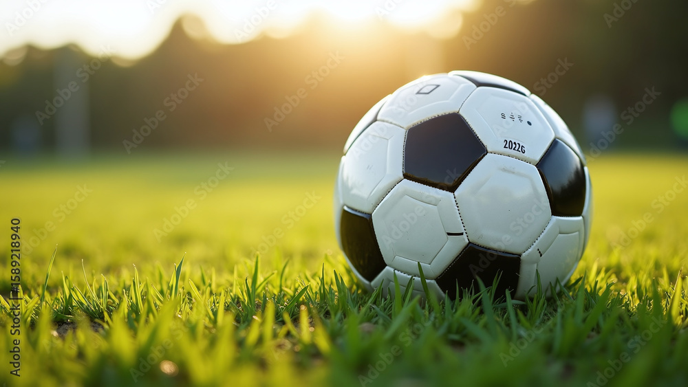 Fototapeta premium Sunset Focus: classic soccer ball on glowing turf