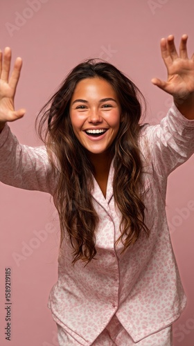 Young Woman in Light Pink Pajamas Joyfully Posing Against a Soft Pink Background