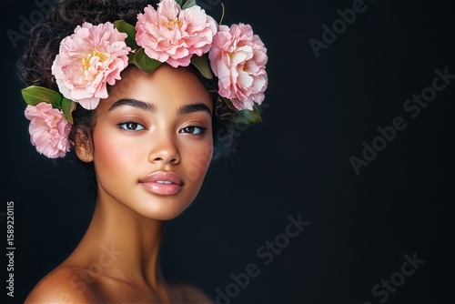 Woman With Floral Crown Poses Gracefully Against Dark Background in Soft Ligh...