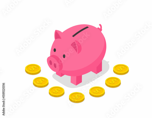 Money Saving Isometric Icon with Piggy Bank