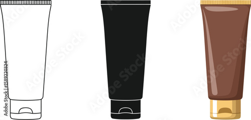 Three cosmetic tubes showcase diverse styles, including a line drawing, a solid black silhouette, and a brown tube with a golden cap, ideal for beauty and skincare product mockups.