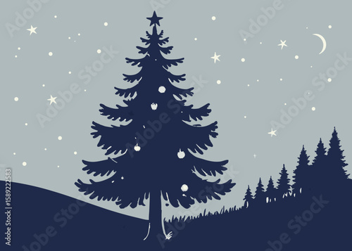 Dark blue Christmas tree silhouette with stars and moon