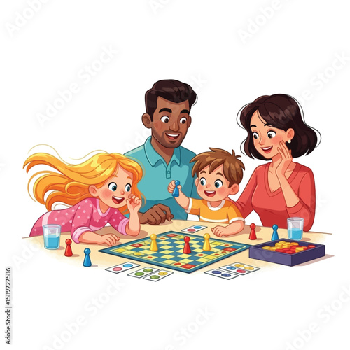 A family enjoys a board game together, interacting and concentrating on the strategy.