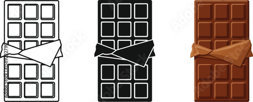 Delicious chocolate bar illustrations showcase a sweet treat in outline, silhouette, and full color, perfect for confectionery designs, dessert menus, and food-related projects.