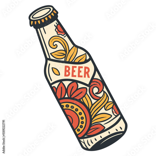 Decorated beer bottle with floral elements and the word beer displayed on the label design art work