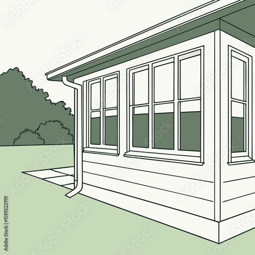 Illustration of a house corner with windows, siding, roof, gutter, and greenery in the background view