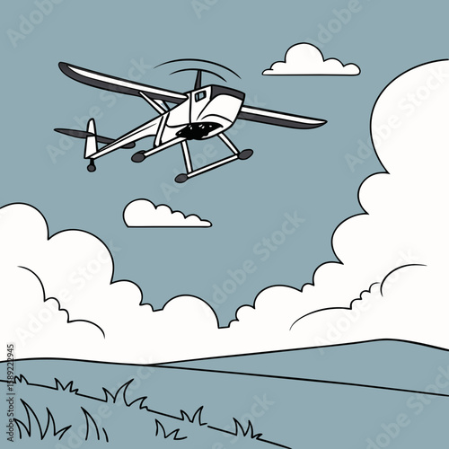 Illustration of a white autogyro flying in a blue sky above a grassy landscape with white clouds around