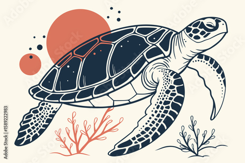 Sea turtle swimming with coral and circles marine life