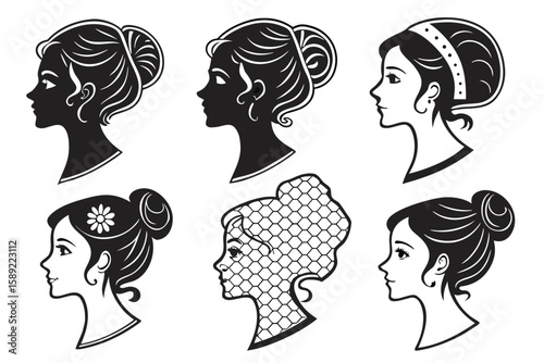 Six diverse female profile silhouettes with varied hairstyles and accessories