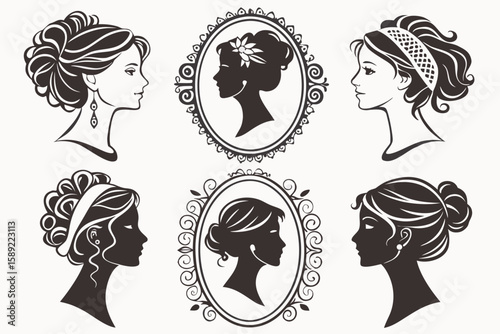 Six dark brown female profile silhouettes with ornate frames