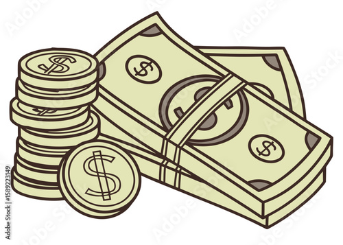 Stack of Light Yellow Dollar Bills and Coins money