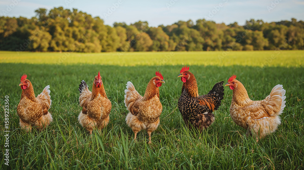 Fototapeta premium Five hens standing in green pasture on a sunny day
