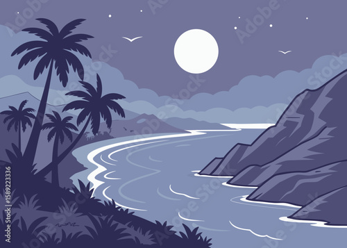 Tropical beach coastline at night with full moon ocean