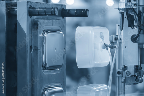 The food container production process by automatic system from plastic injection mold machine.