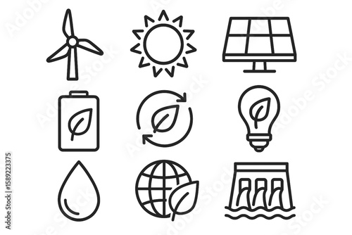 Outline Icons Set of Renewable Energy – Eco-Friendly and Sustainable Power Symbols