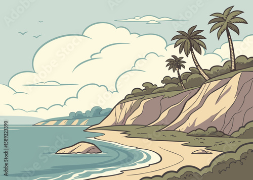 Tropical coastline with palm trees and sandy beach
