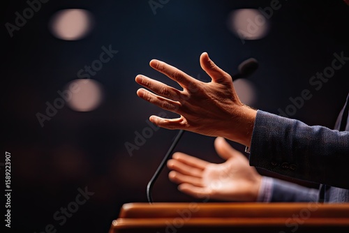 Hands of a speaker gesturing widely at a podium