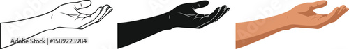 Three stylized hands in different forms, including a line drawing, a silhouette, and a colored version, showcase the concept of giving, receiving, or offering assistance.