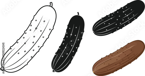 Fresh cucumbers in various styles, including outline, silhouette, and color, offer versatile design elements for culinary projects and healthy eating themes.
