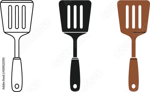 Three spatula illustrations showcase kitchen utensils in line art, solid black, and brown color variations, perfect for culinary designs and cooking-related projects, offering diverse visual styles.
