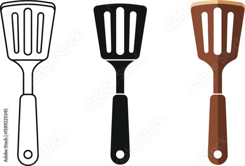 Three spatula illustrations showcase kitchen utensils in line art, silhouette, and color, ideal for culinary designs, cooking blogs, and restaurant branding with a modern aesthetic.