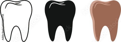Three stylized teeth showcase dental health concepts, with one in outline, one in solid black, and one in brown, ideal for illustrating oral hygiene and dental care.
