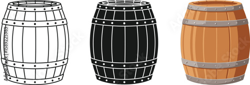 Three barrel illustrations showcase a wooden container in different styles, including a line drawing, a solid black silhouette, and a full-color rendering, perfect for design projects.