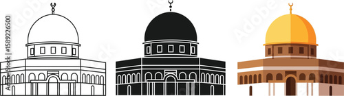 Dome of the Rock is showcased in three distinct styles, from a simple line drawing to a solid black silhouette and a vibrant, colorful illustration of this iconic landmark.