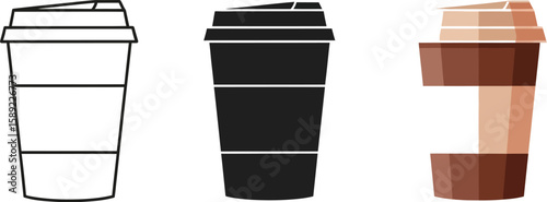 Three coffee cups are displayed in different styles, including a line drawing, a solid black silhouette, and a colorful version, perfect for illustrating coffee culture.