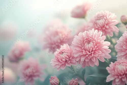 Charming Pink Chrysanthemums Blooming in a Serene Garden Setting at Dawn