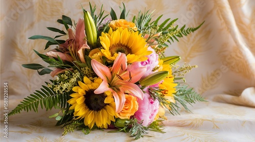 A harmonious mix of yellow sunflowers, orange lilies, and pink peonies, accompanied by delicate green ferns and sprigs of rosemary.