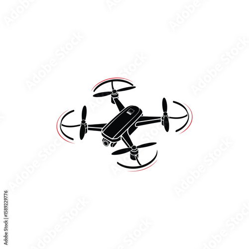 Modern quadcopter drone with spinning propellers and camera