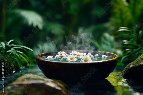 Flowing Water Bowl With Daisies Surrounded by Lush Greenery in a Tranquil Gar...