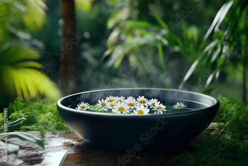 Flowing Water Bowl With Daisies Surrounded by Lush Greenery in a Tranquil Gar...