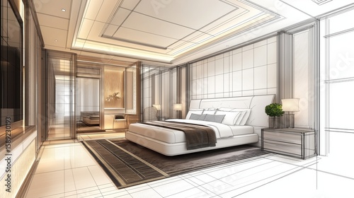Luxurious modern bedroom interior design with a large bed, elegant furniture