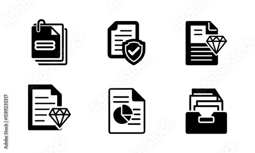 Vector icon set of six different document and file icons in black silhouette style. Includes secure documents, data sheets, and page icons. Perfect for illustrating paperwork, digital files, office.