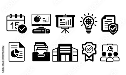 Vector set of modern office and business icons in black silhouette style. Includes office buildings, document files, presentation boards, calendar, light bulb (idea), computer monitor, etc. 