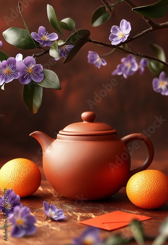 Elegant Teapot With Oranges and Flowers on Display in a Serene Setting During...