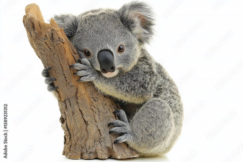 Obraz premium Cute Australian koala, marsupial wildlife, on eucalyptus tree in nature with soft fur