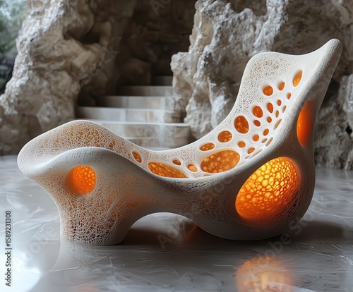 Futuristic organic lounge chair with glowing accents, blending art and functionality in a modern interior setting.