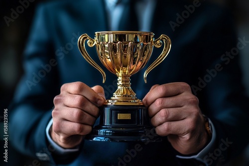Celebration of Achievement With a Golden Trophy Held in a Suit.