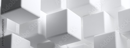 Clean Lines white three-dimensional cubes floating above pure white background in balanced arrangement