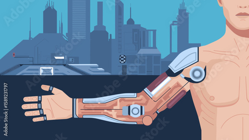 Human arm with cybernetic implants in futuristic city background