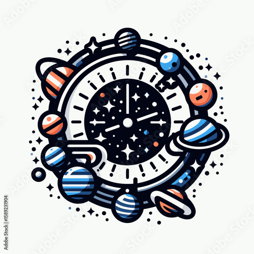 Clock illustrated with various planets and a starry dial on a white background in a vibrant vector style