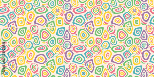 Vector seamless pattern with colorful organic shapes. Bright abstract background with funky ovals, circles, concentric forms. Childish playful summer texture. Repeated design for baby decor, clothes