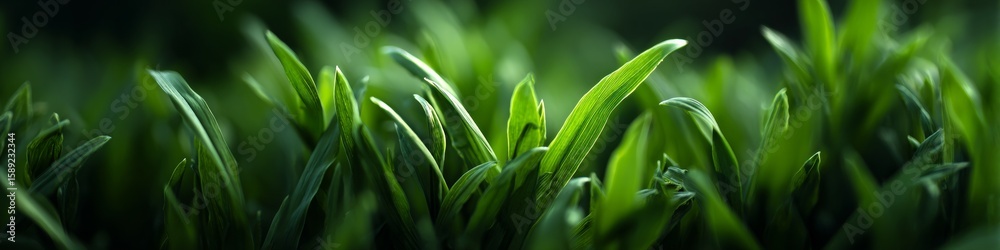 Fototapeta premium Detailed closeup of fresh green grass blades with blurred natural background and spacious copy space