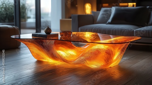 Elegant illuminated coffee table with a unique wave design, enhancing modern living spaces with warm, inviting ambiance.