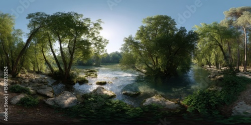 Nature's serenity panoramic 360 degrees hdr landscape forest river scene in tranquil environment